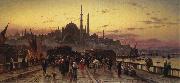 Hermann David Solomon Corrodi Dusk on the Galata Bridge and the Yeni Valide Djami, Constantinople oil painting on canvas